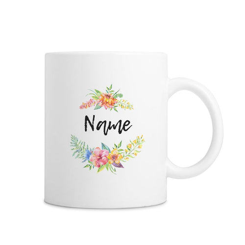 White Custom Name Mug With Tropical Flowers