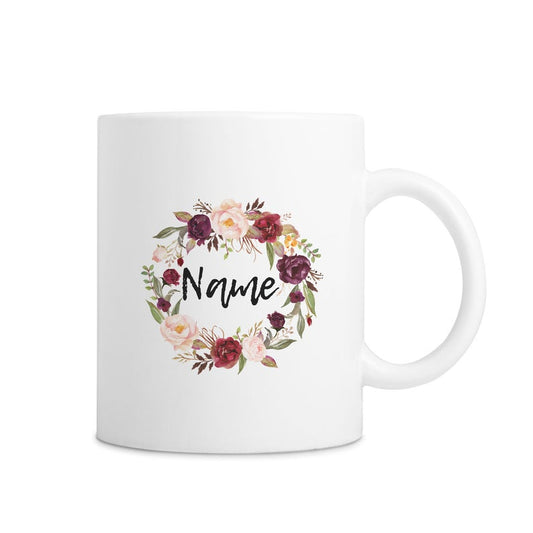 White Custom Name Mug With Rose Floral Print