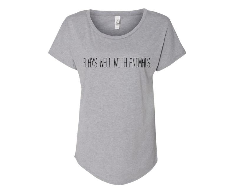 Plays Well with Animals Ladies Tee Shirt - In Grey & White